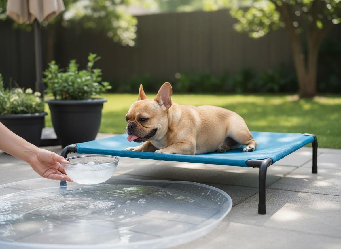 French Bulldog Relaxing on Elevated Dog Bed with Water