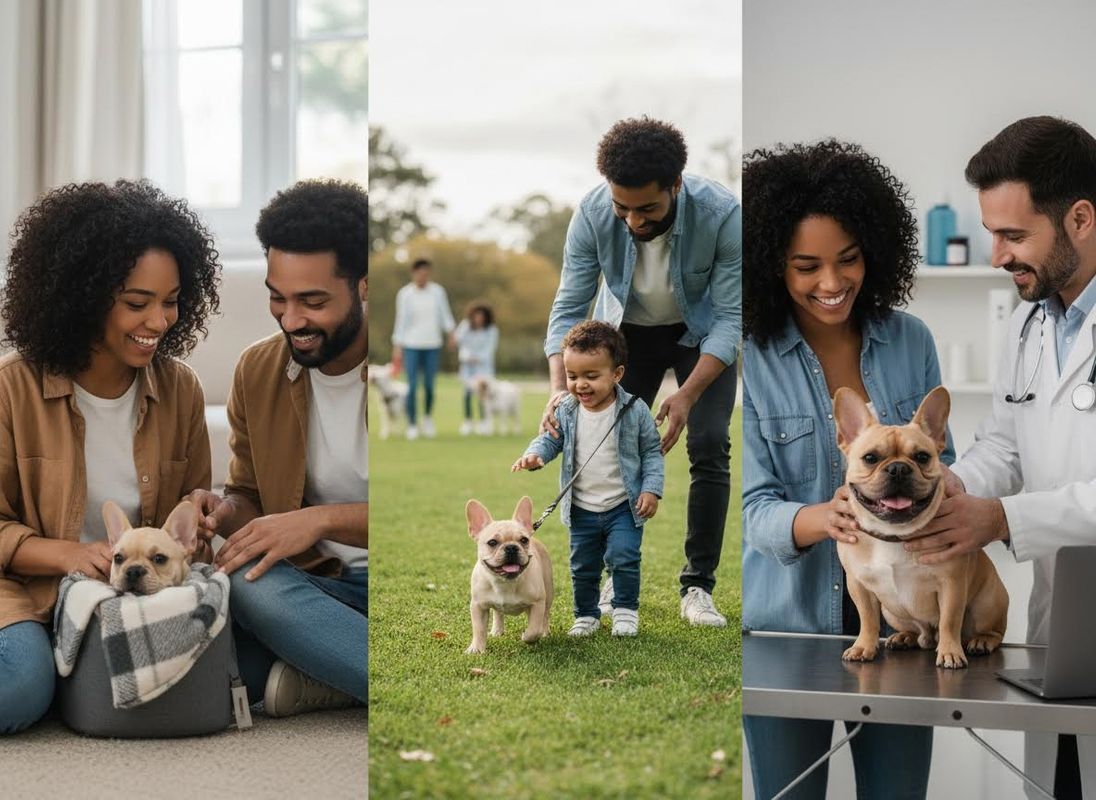 Collage shows a couple with a new French bulldog puppy, a father and toddler walking their dog, and a woman at a vet check-up. French Bulldog Ownership Journey