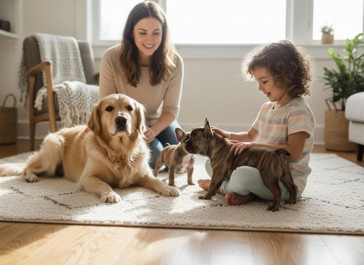Woman and Child Playing with Dogs
