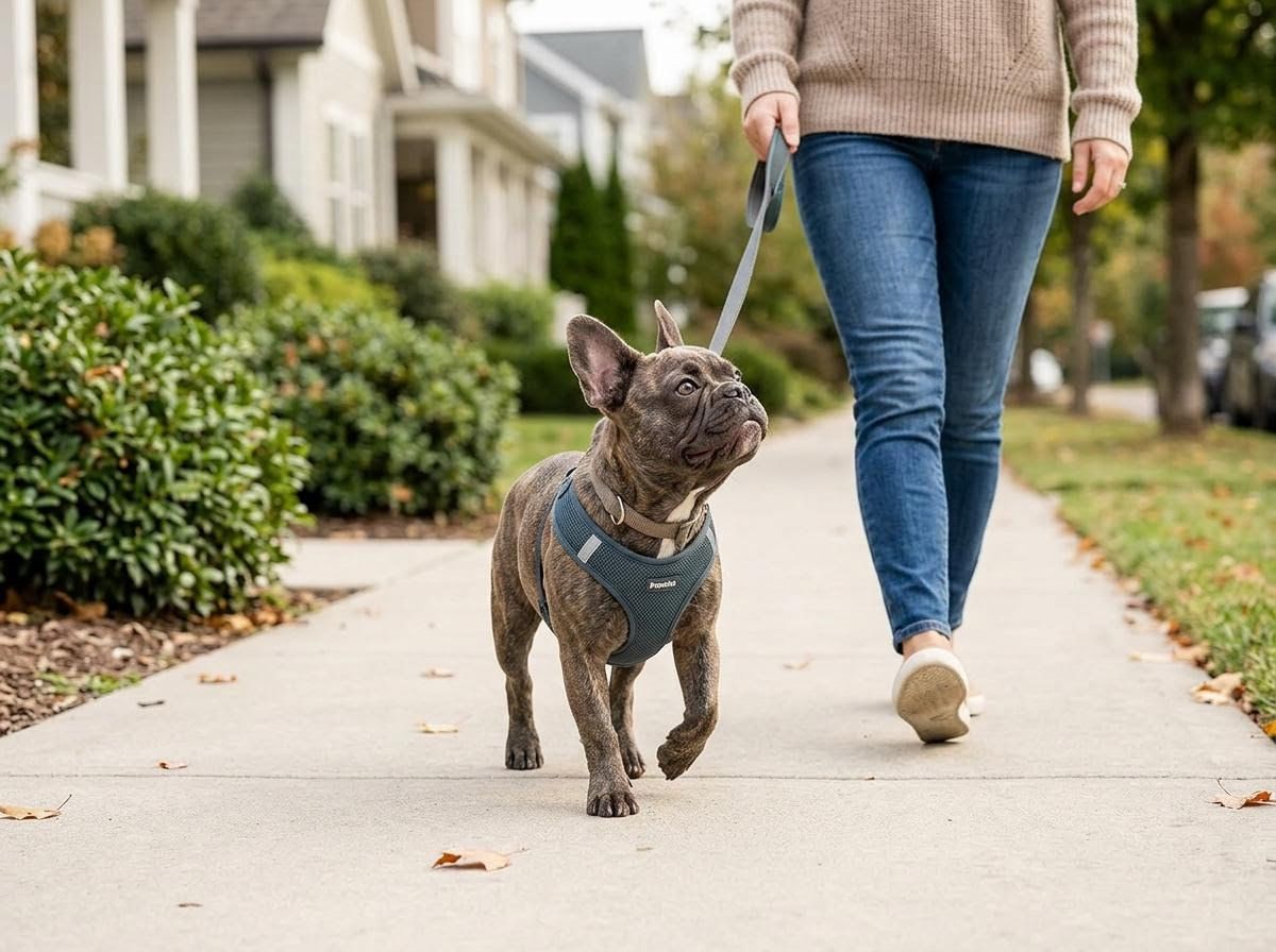 French Bulldog and Owner Walking on Sidewalk