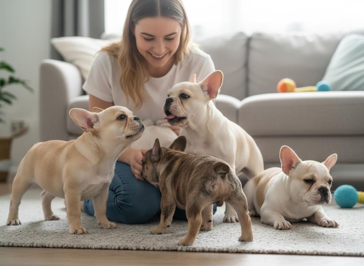 Woman and French Bulldog Puppies