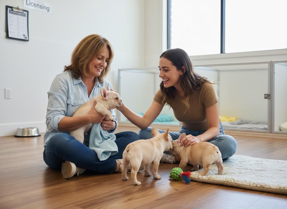 Women playing with French Bulldog puppies