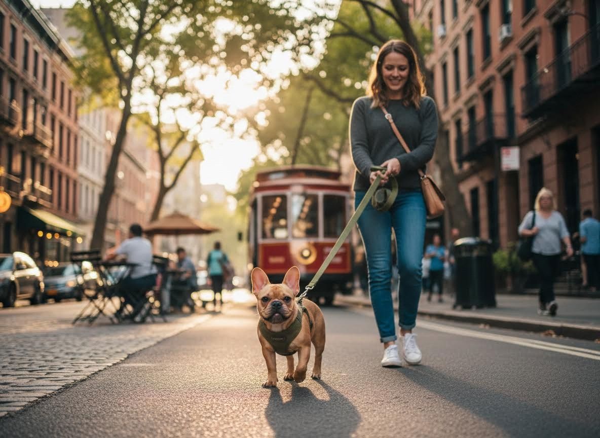 Woman walking a French Bulldog on a city street