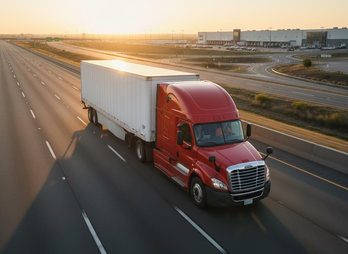 Red Semi-Truck Driving on Highway at Sunset