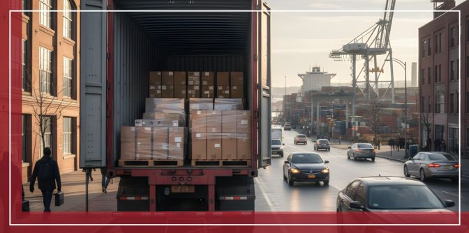 Open freight truck back on the side of the street.