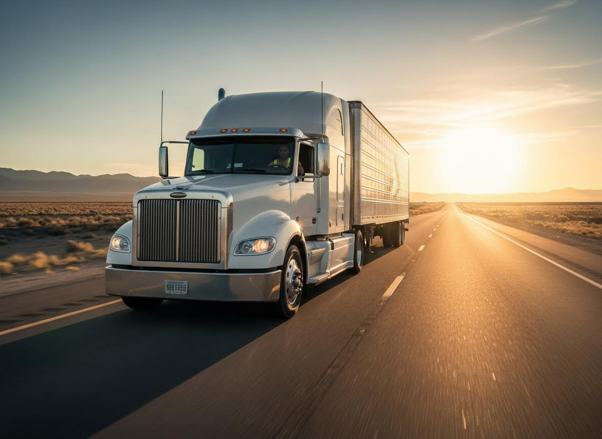 White Semi-Truck Driving on Desert Highway at Golden Hour