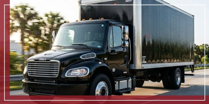 A polished black EDI Express Inc. straight truck accelerating smoothly down a modern multi-lane highway near Boston, emphasizing accelerated transit.