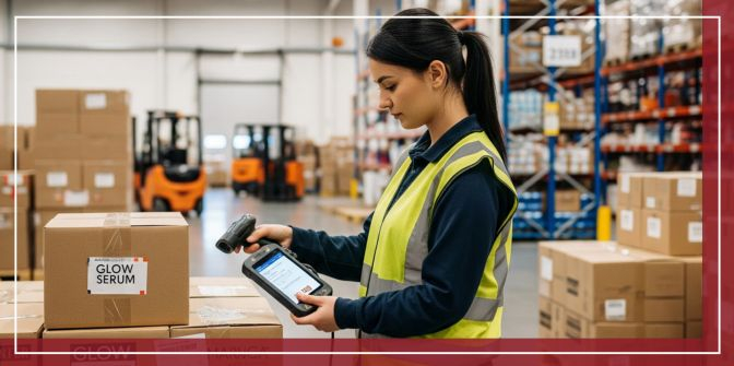 warehouse worker scanning a cosmetics shipment 