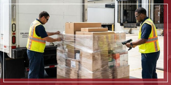 EDI Express workers efficiently securing mixed LTL freight on a pallet at an Orlando loading dock, demonstrating reliable less than truckload solutions.