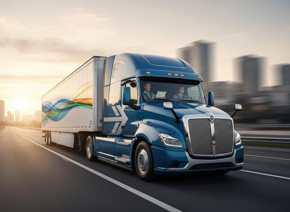 Blue Semi-Truck with Driver and Passenger on Highway