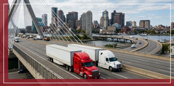 A professional, high-resolution stock photo of red and white semi-trucks crossing the Zakim Bridge in Boston, Massachusetts. The Boston city skyline and Custom House Tower are visible in the background under a bright, clear sky. The composition showcases a