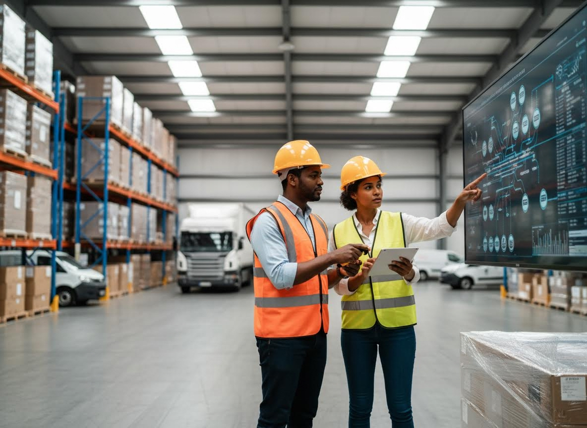 Warehouse workers reviewing logistics data on a large screen