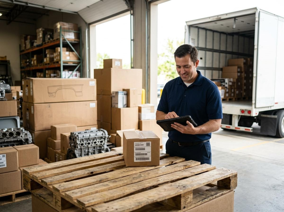 Warehouse Worker Using Tablet for Inventory Management