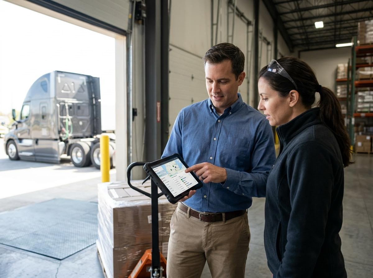 Logistics Team Reviewing Shipping Data at a Warehouse