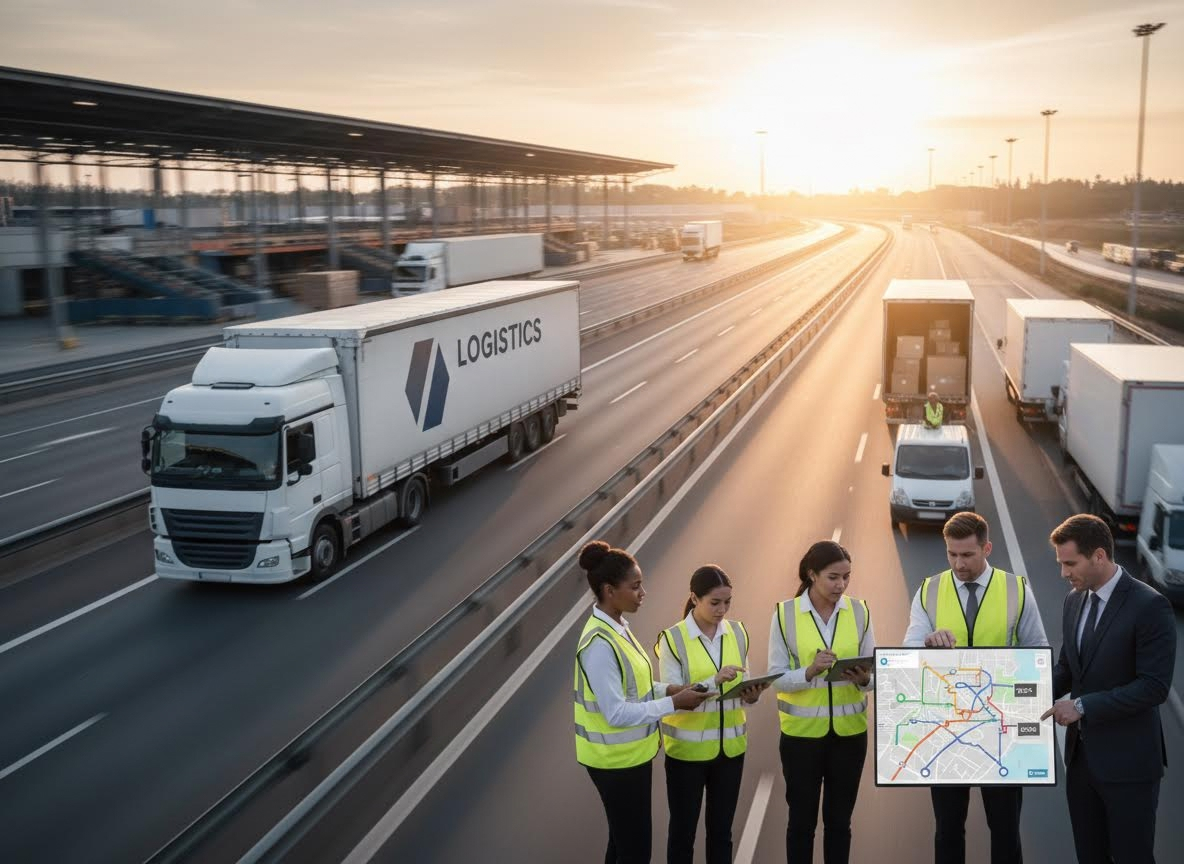 Logistics Team Managing Truck Deliveries on Highway