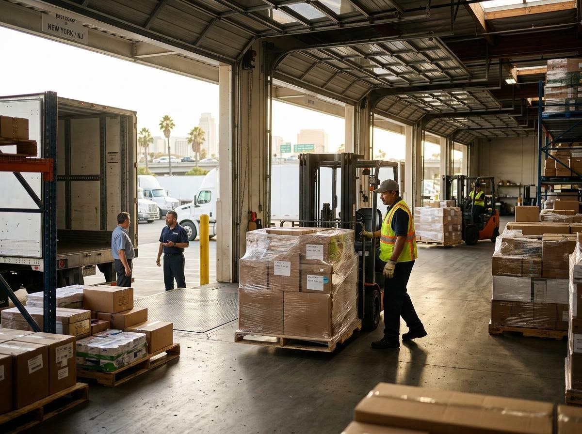 Warehouse Loading Dock with Forklifts and Workers