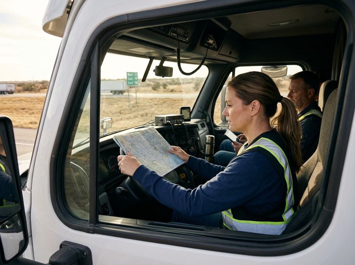 Female truck driver navigates with a map