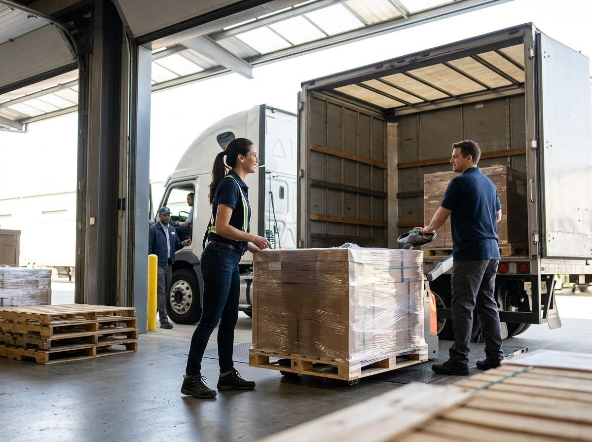 Warehouse workers loading truck with pallet jack