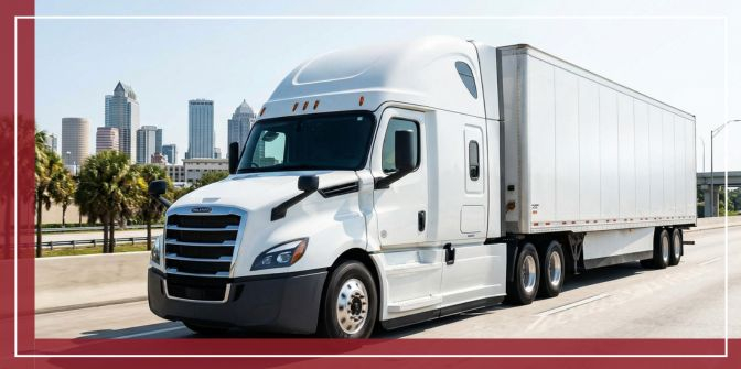 A white EDI Express Inc. LTL freight truck driving near the Orlando skyline.