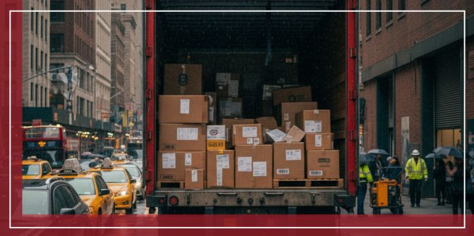 Open freight truck on a city street.