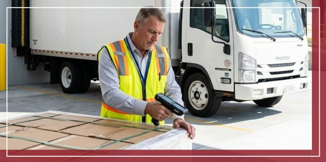 A warehouse manager carefully inspecting a pallet of LTL freight with a handheld scanner inside a well-lit logistics facility in Boston.