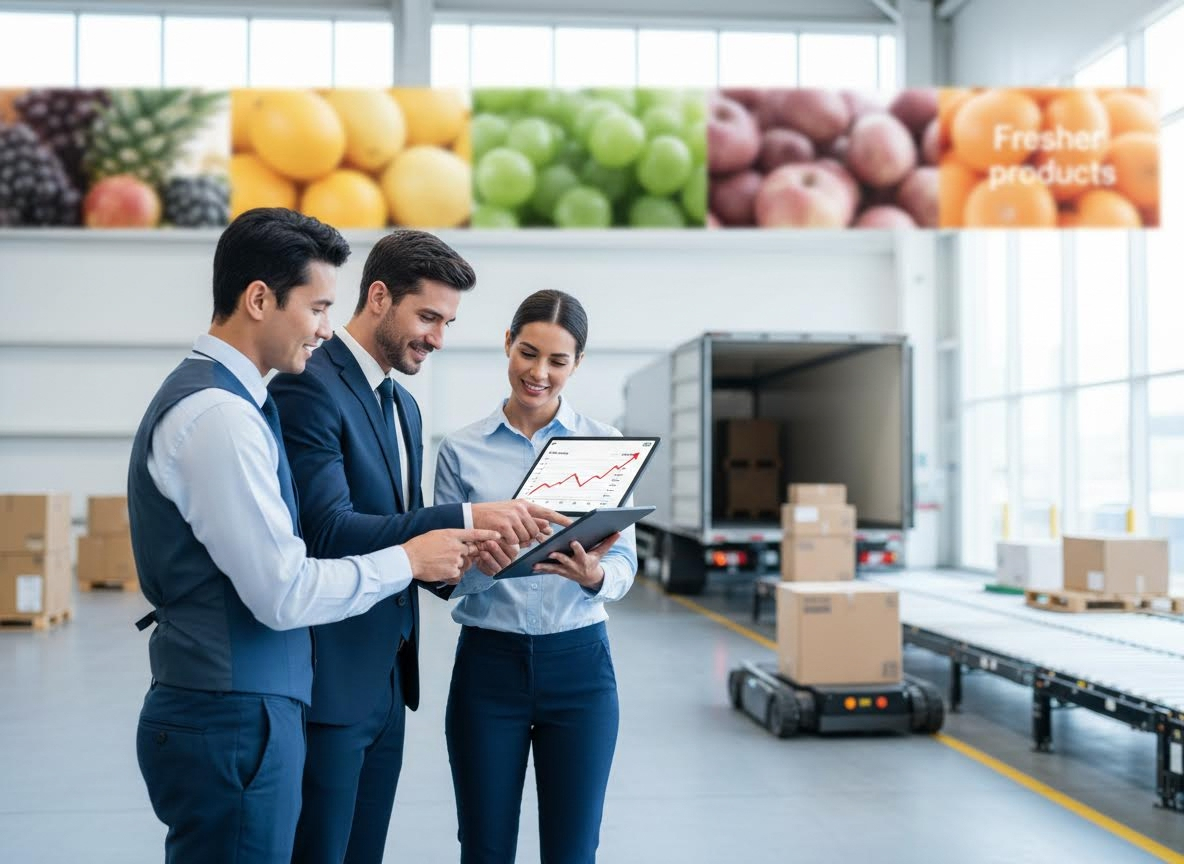 Logistics Team Reviewing Data in Fresh Produce Warehouse