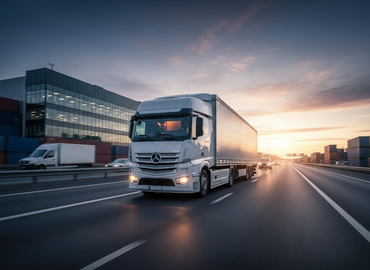 Logistics truck on highway at sunset