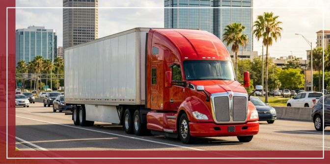 A vibrant 4k realistic stock photograph, taken with an 85mm lens, shows a bright red semi-truck with a clean white box trailer in sharp focus, driving smoothly along a multi-lane highway near downtown Orlando, Florida.