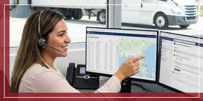An EDI Express Inc. customer service representative at a modern desk in Orlando, helpfully tracking an LTL shipment on a digital map, highlighting superior support.