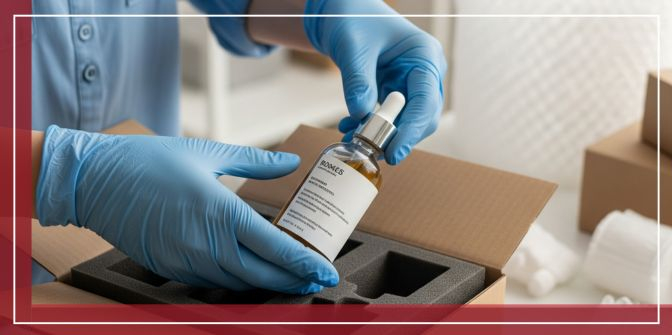 expert wearing gloves carefully packing a fragile glass cosmetic bottle