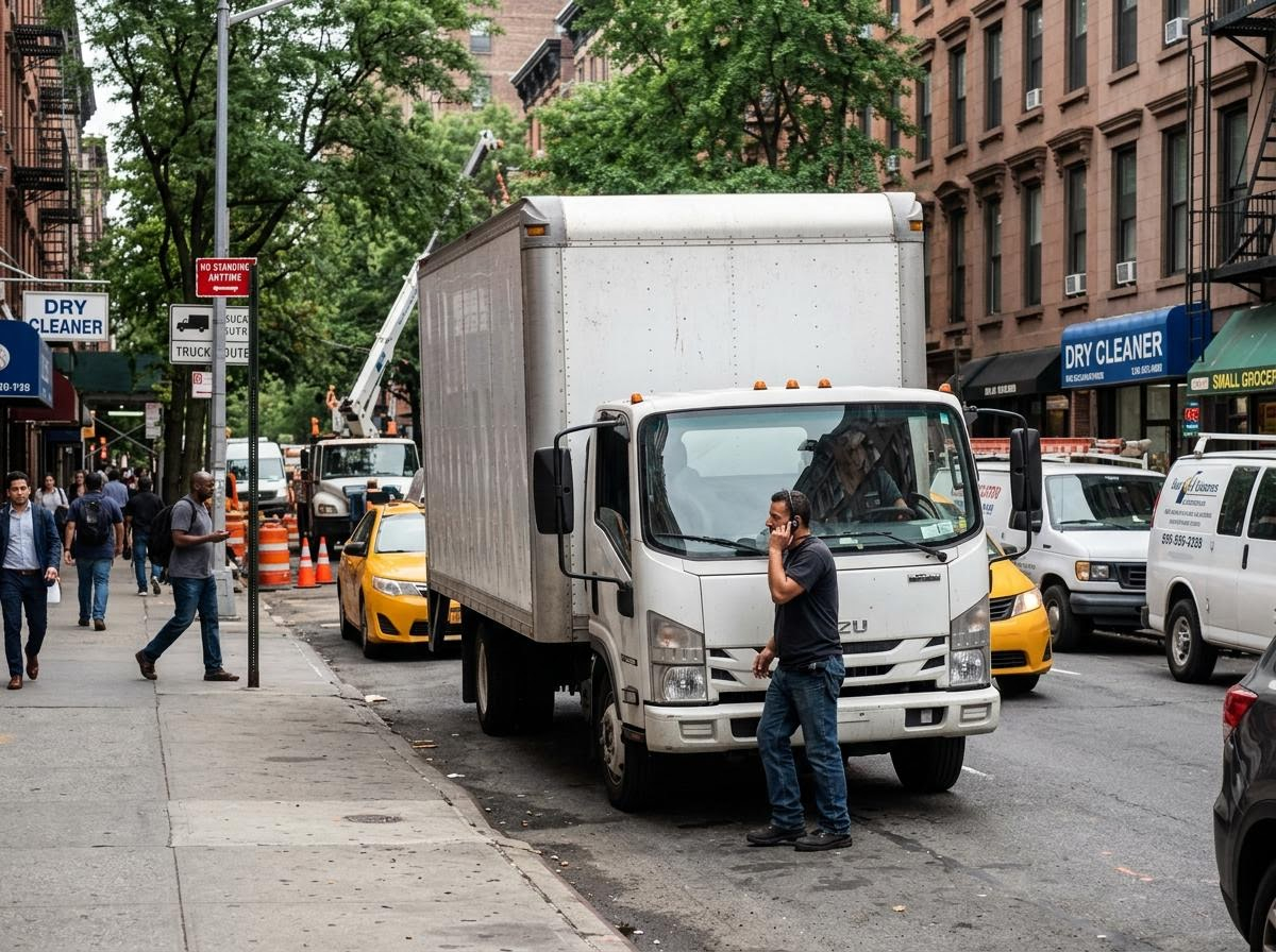Man on phone next to a white box truck on a city street