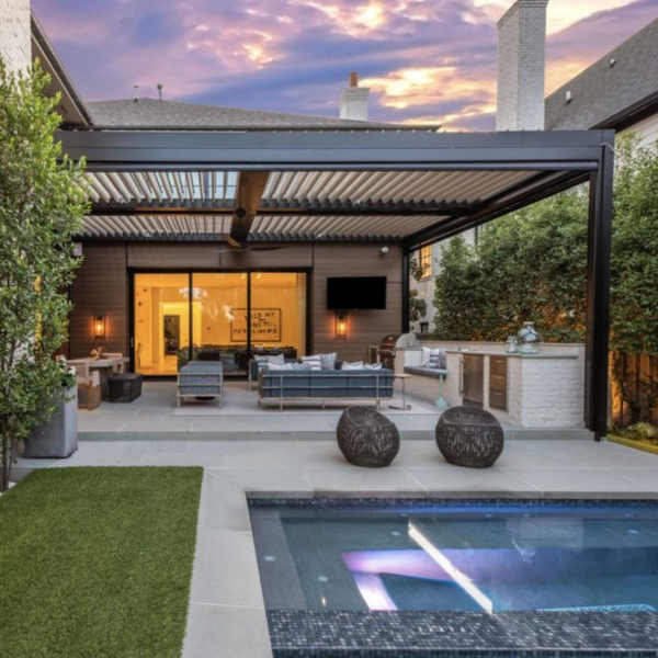 long covered patio, modern pool