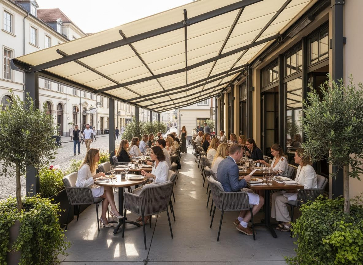retractable awning over a restaurant dining area
