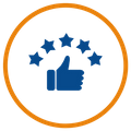 icon of a thumbs up with 5 stars