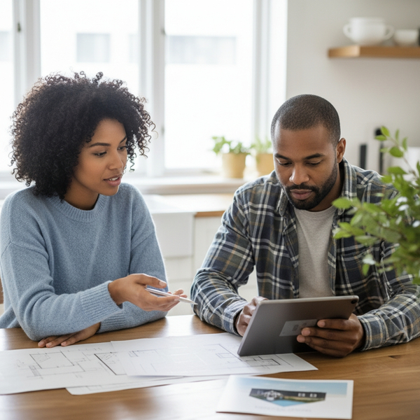 Couple sitting at a kitchen table discussing home improvement plans