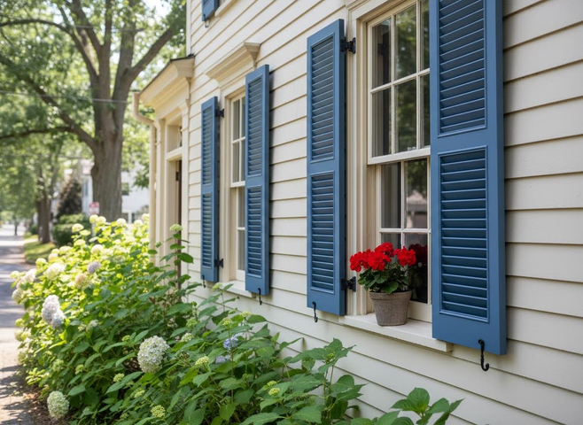 window on a home with colonial shutters