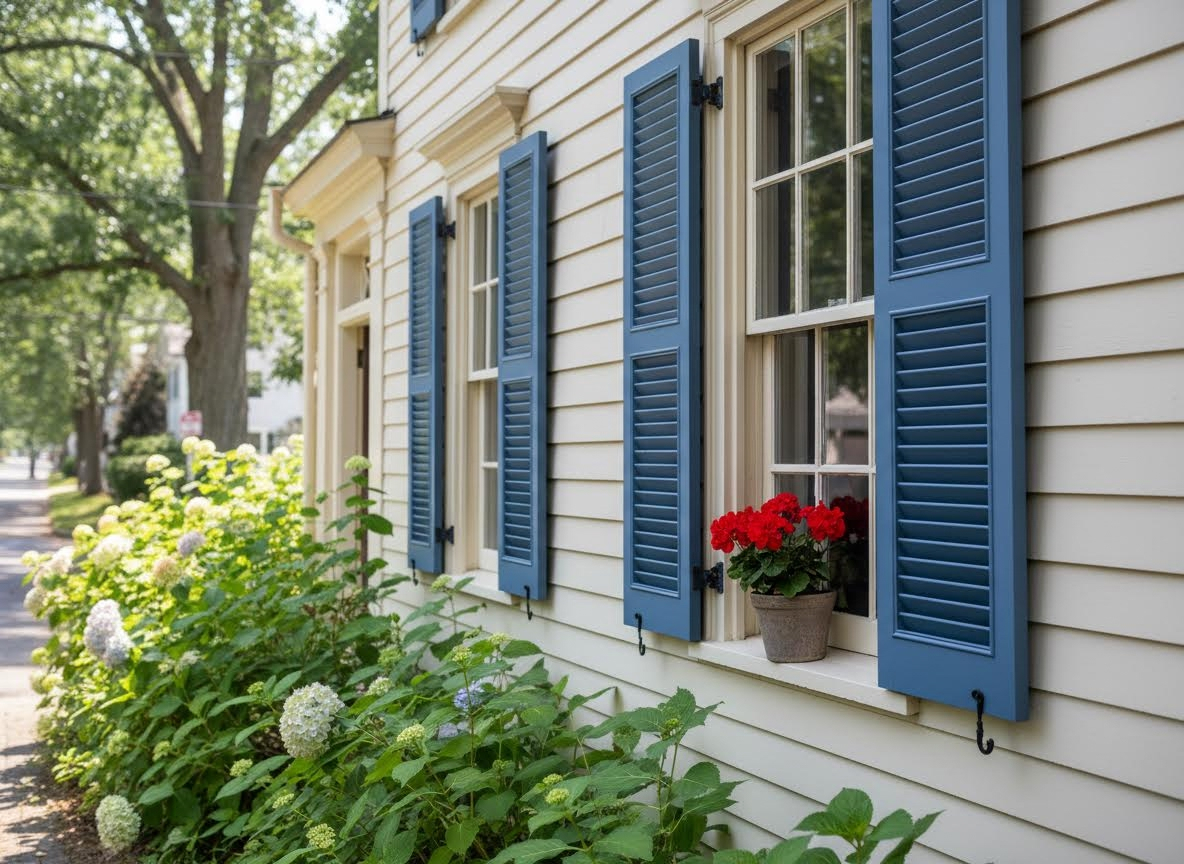 window on a home with colonial shutters