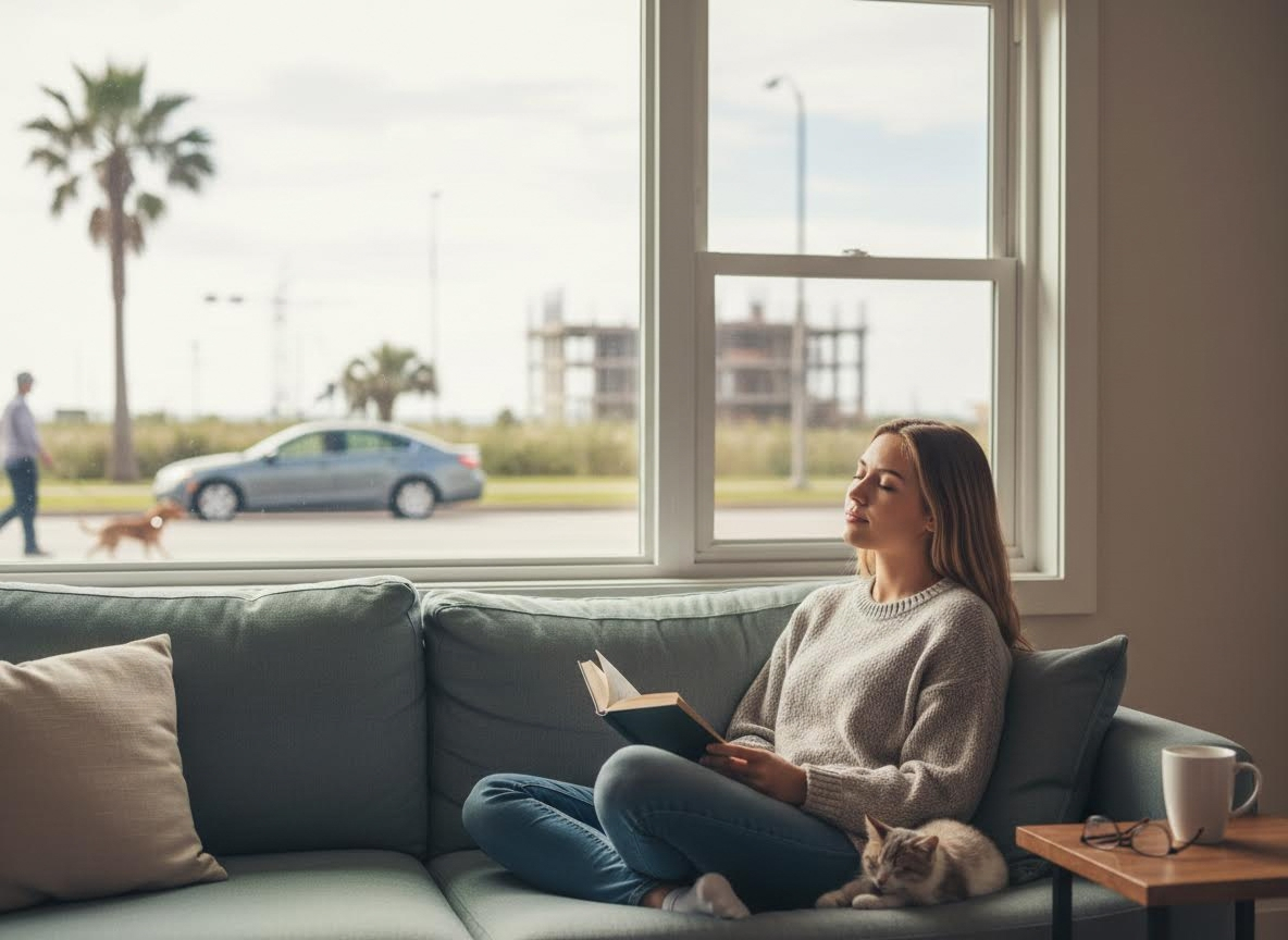 Woman relaxing on a sofa with a book and cat by a window