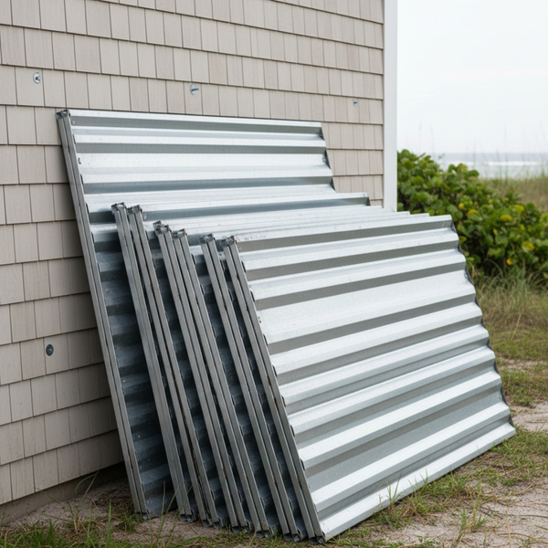 Stack of aluminum hurricane shutters leaning against a house wall