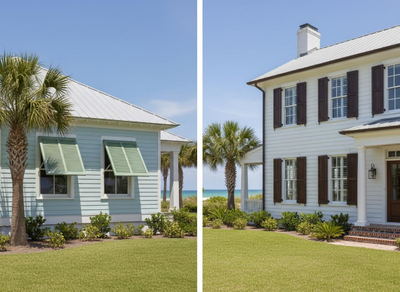 Coastal Beach Homes with Blue and White Exteriors, Shutters, Palm Trees, and Ocean View
