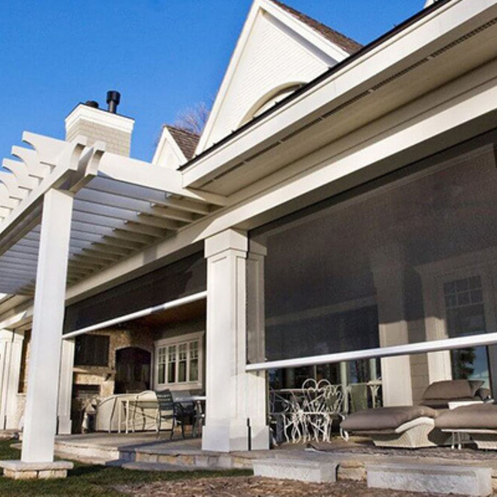 retractable screens, attached pergola. wide patio