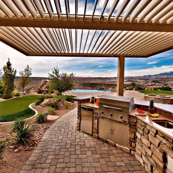 patio kitchen, long pergola, with movable slats?