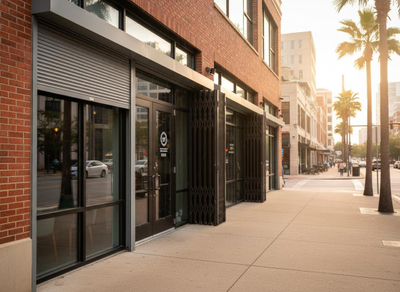 Storefronts with security gates on a sunny city street
