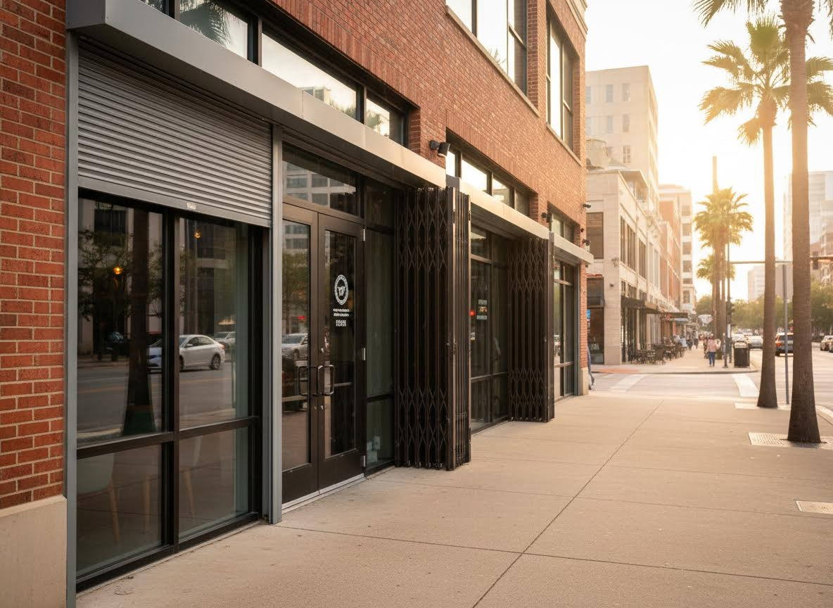 Storefronts with security gates on a sunny city street