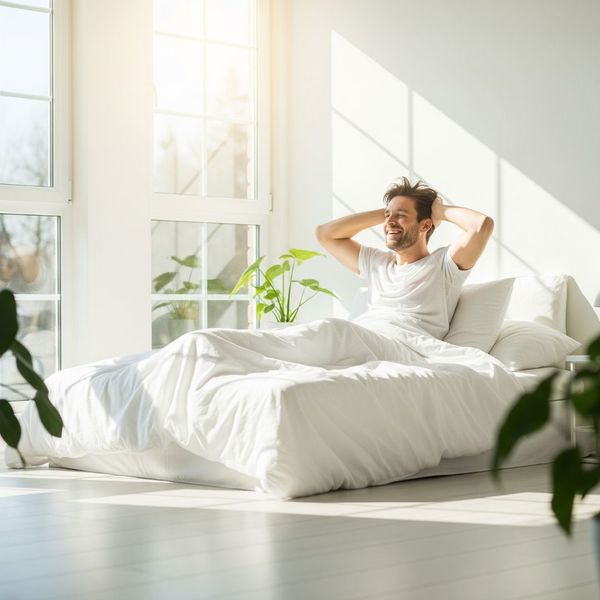 Person waking up refreshed in a clean bedroom Person waking up refreshed in a clean bedroom