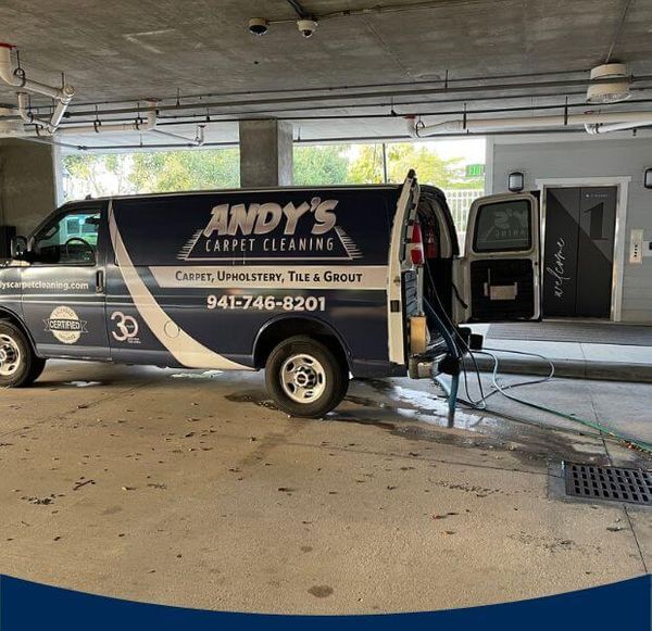 Andy's van parked in parking garage for Commercial cleaning