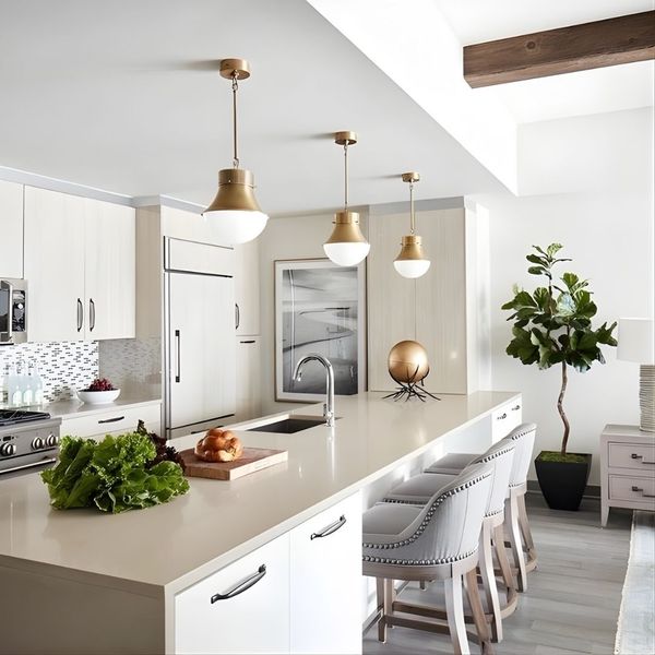 Three modern brass and white globe pendant lights hang in a row over a sleek, white kitchen island with grey upholstered barstools.