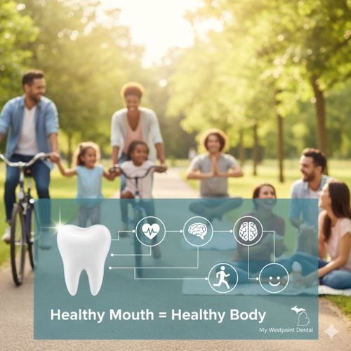 Graphic overlay showing a sparkling tooth connected to various health icons