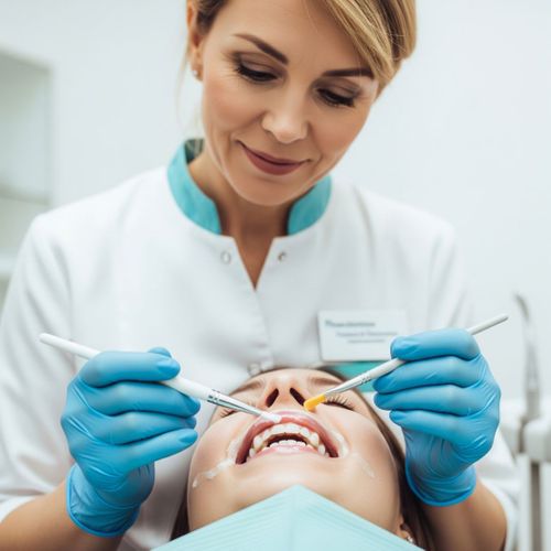 A dentist carefully applying fluoride varnish to a patient's teeth
