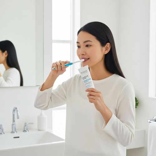 A person gently brushing their teeth in a modern bathroom